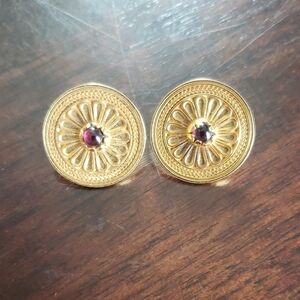 WAG Gold Floral Medallion Earrings with Garnet Center